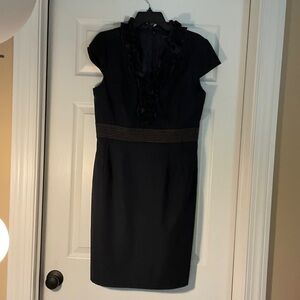 Sandra Darren Black Midi Dress with Ruffle Neckline